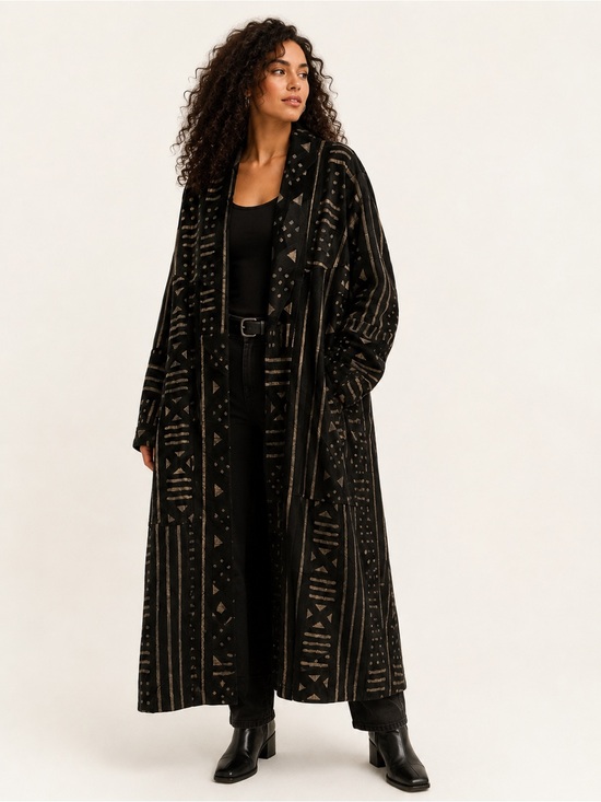 XLNC Jackets & Blazers - Vintage XLNC Mudcloth Print Leather Duster Coat Black Kimono Jacket XL